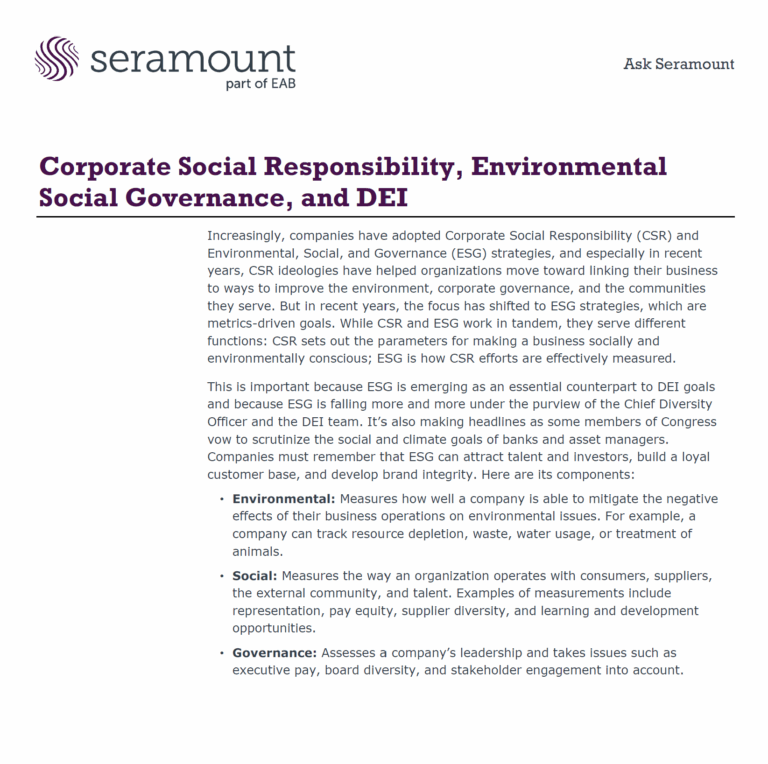 Corporate Social Responsibility, Environmental Social Governance, and DEI
