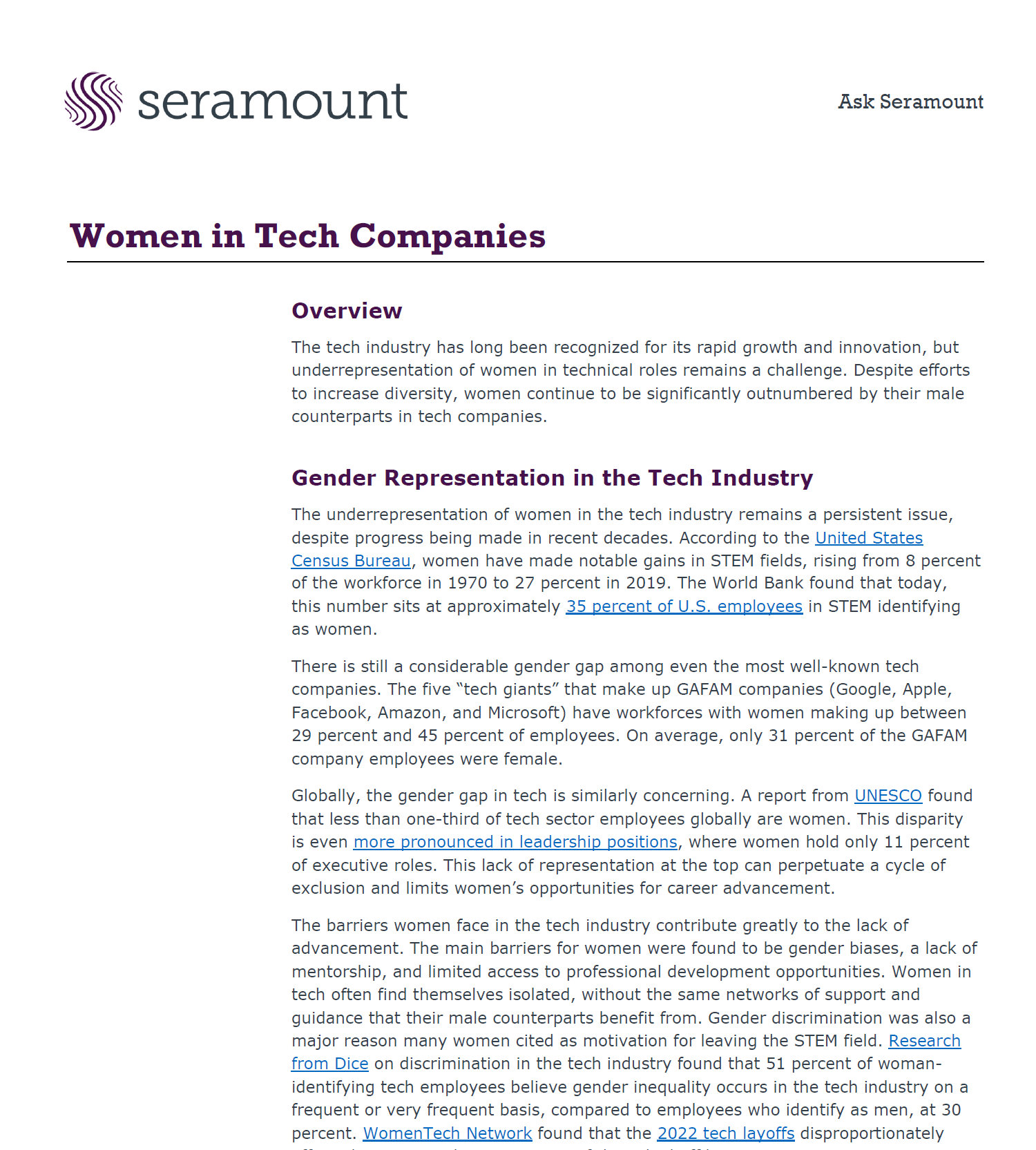 Women in Tech Companies: Representation and Progress