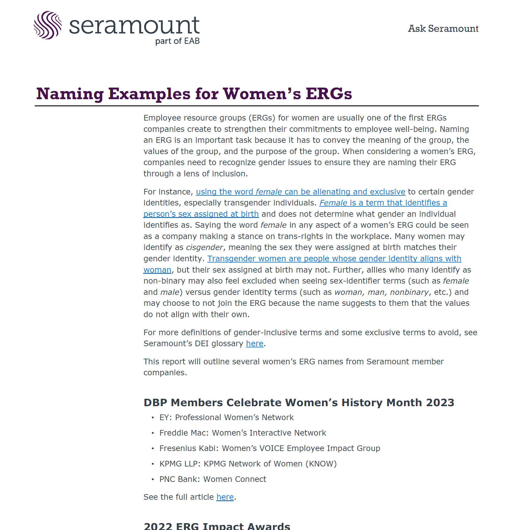 Naming Examples for Women’s Employee Resource Groups