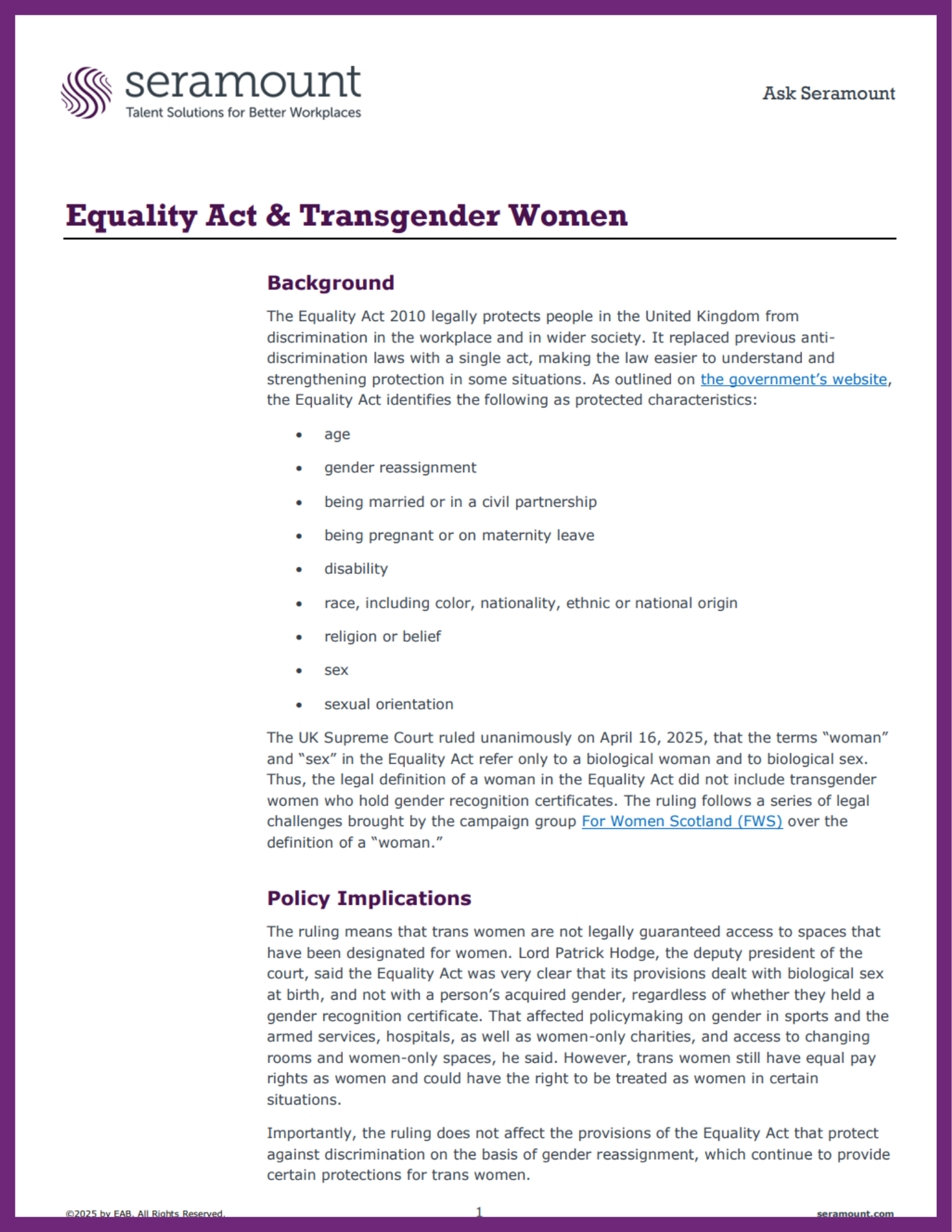 The UK Equality Act: Supreme Court Ruling and Policy Implications